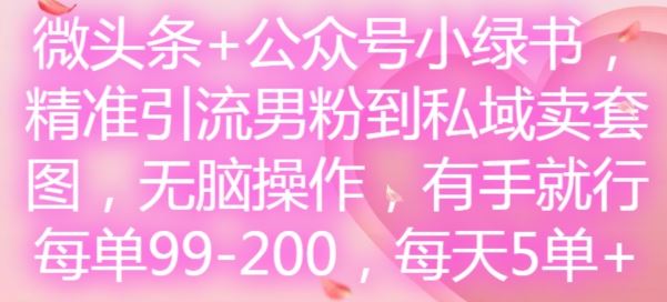 微头条+公众号小绿书，精准引流男粉到私域卖套图，无脑操作，有手就行，每单99-200，每天5单-A同城-创业课