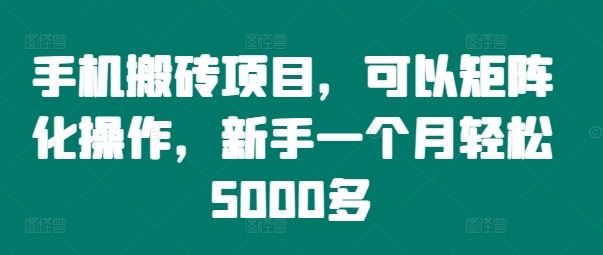 手机搬砖项目，可以矩阵化操作，新手一个月轻松5000多-A同城-创业课