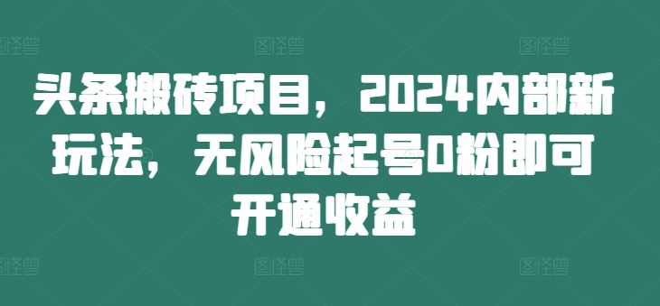 头条搬砖项目，2024内部新玩法，无风险起号0粉即可开通收益-A同城-创业课
